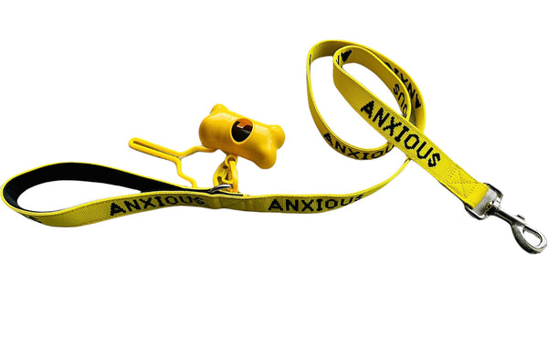 My Anxious Dog ANXIOUS yellow dog lead M/L with Poo Bag Holder & Poop Porter